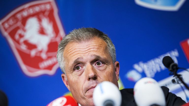 Chairman of FC Twente Onno Jacobs speaks during a press conference at the Grolsch Veste Stadium in Enschede, the Netherlands on May 18, 2016.   
Dutch socc