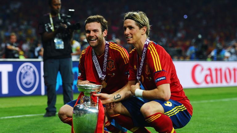 KIEV, UKRAINE - JULY 01:  Goalscorers Fernando Torres (R) and Juan Mata of Spain pose with the trophy following victory in the UEFA EURO 2012 final match b