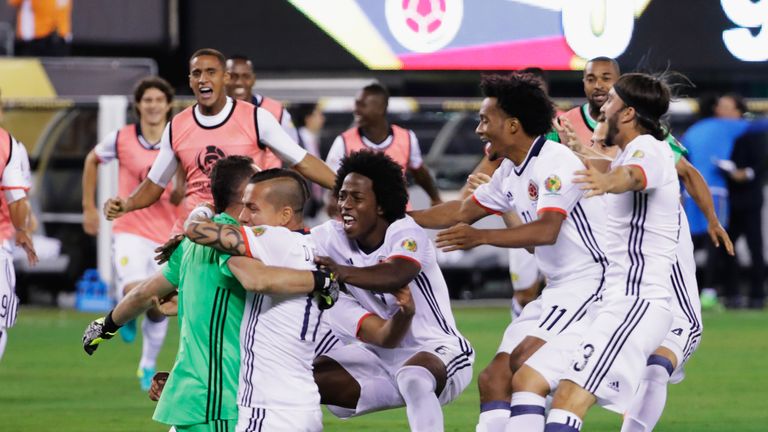 Colombia celebrate their overtime shootout 1-0 win against Peru during the Quarter-final match of Copa America