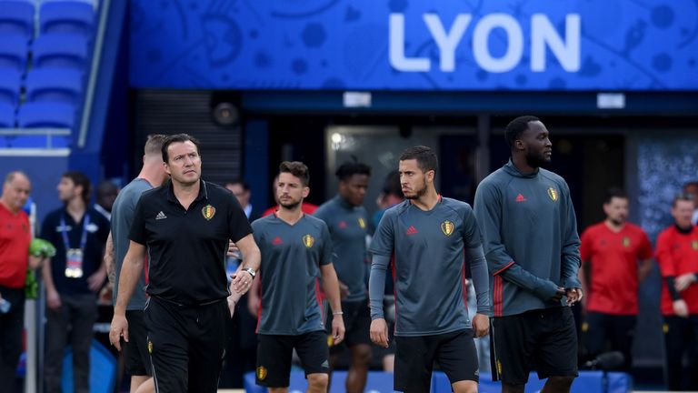 LYON, FRANCE - JUNE 12:  Head Coach Belgium Marc Wilmots (L) and Eden Hazard chat during a training session ahead of their UEFA Euro 2016 Group E match bet