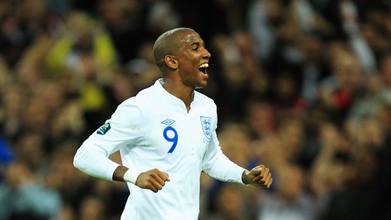 Ashley Young of England celebrates scoring during the UEFA EURO 2012 group G qualifying match between England and Wales