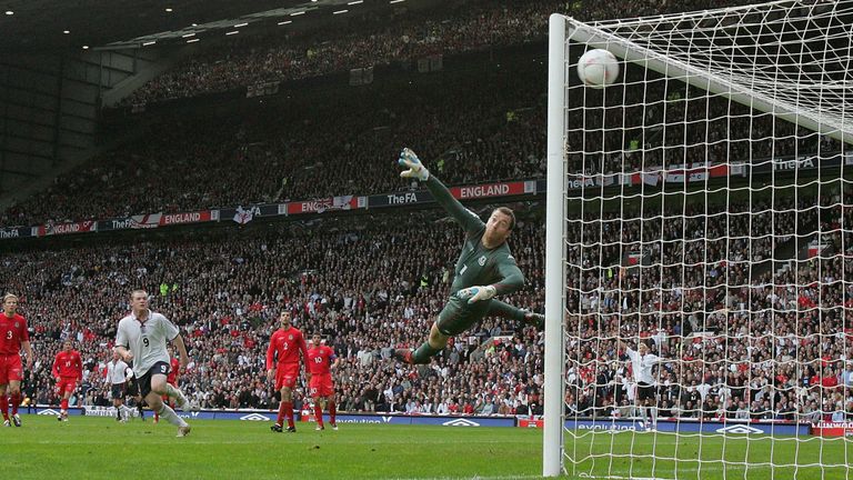 David Beckham of England scores the second goal during the England v Wales World Cup qualifier at Old Trafford