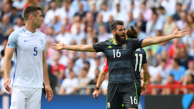 Joe Ledley of Wales reacts during the UEFA Euro 2016 Group B match between England and Wales at Stade Bollaert-Delelis