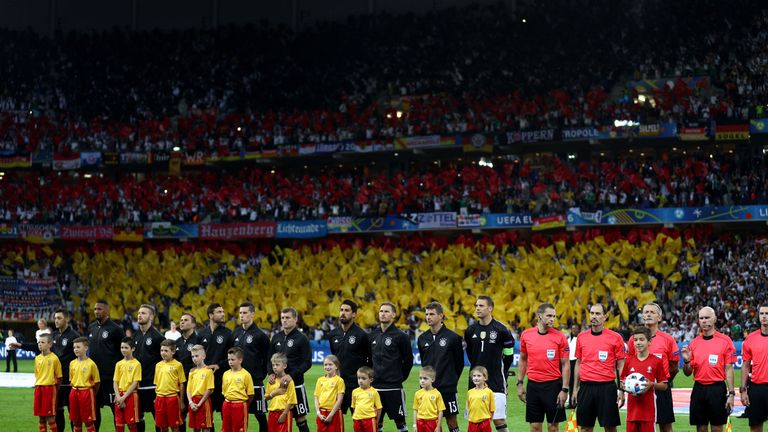 Germany players line up for the national anthem prior to the UEFA EURO 2016 Group C match between Germany and Ukraine