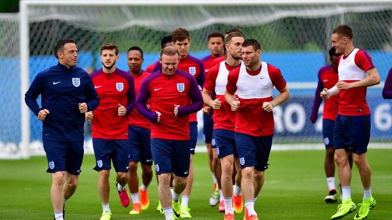 The England squad warm up during a training session at Stade du Bourgognes ahead of the UEFA Euro 2016 match against Wales