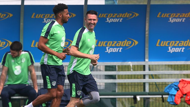 Republic of Ireland's Robbie Keane (right) and Cyrus Christie during a training sessions at National Sports Campus in Abbotstown, Dublin.