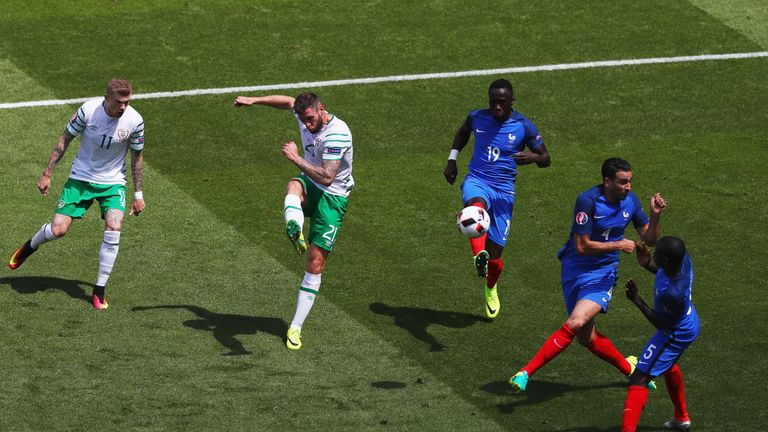 Daryl Murphy shoots on goal for Republic of Ireland against France