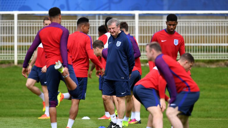 England manager Roy Hodgson (centre) is pictured during a team training session in Chantilly, France