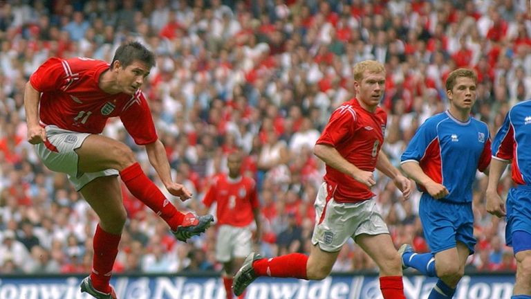 MANCHESTER, UNITED KINGDOM:  England's Frank Lampard scores 05 June 2004 to make it 1-0 against Iceland during today's FA Summer tournament match at the Ci