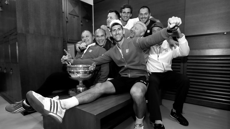 Novak Djokovic of Serbia celebrates following his victory at the French Open