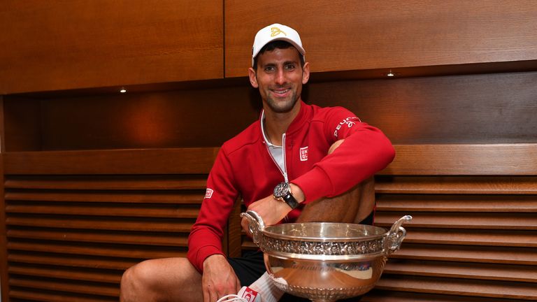 Novak Djokovic celebrates following his victory against Andy Murray at the French Open