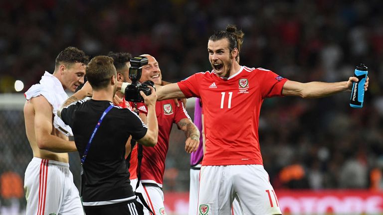 Wales's Gareth Bale celebrates his sides win