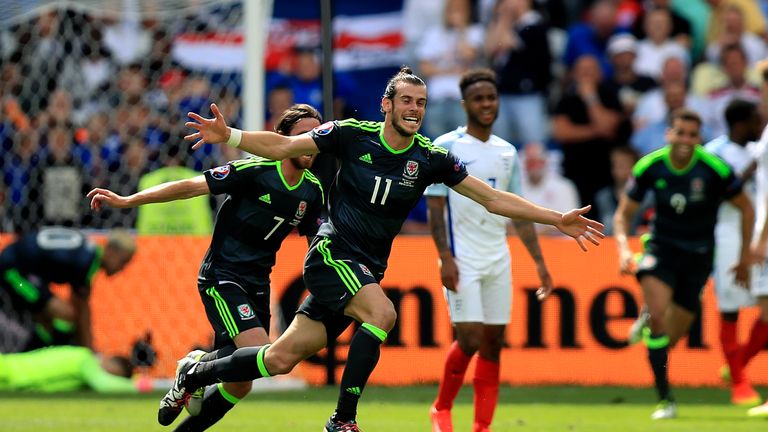 Wales' Gareth Bale celebrates scoring the opening goal during the UEFA Euro 2016, Group B match at the Stade Felix Bollaert-Delelis, Lens.