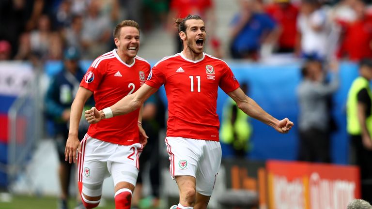 Gareth Bale celebrates after opening the scoring for Wales against Slovakia
