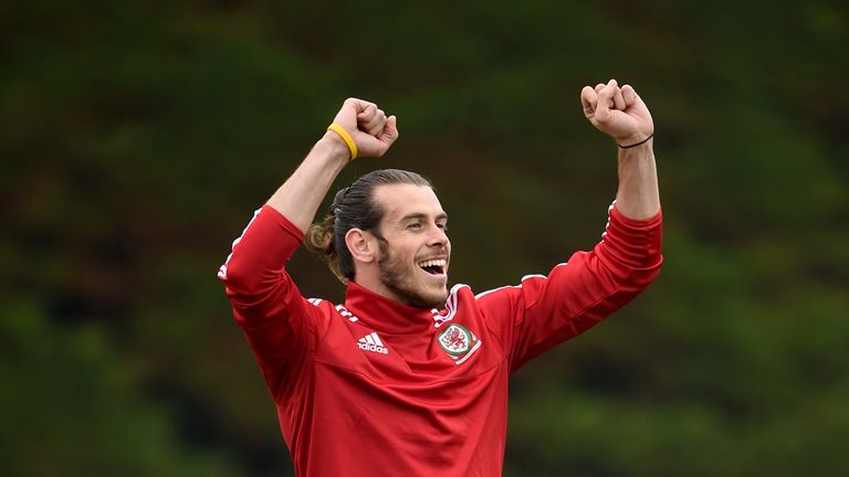 Wales' Gareth Bale celebrates during a training session at the Wales Media Centre, Complex sportif du Cosec, Dinard