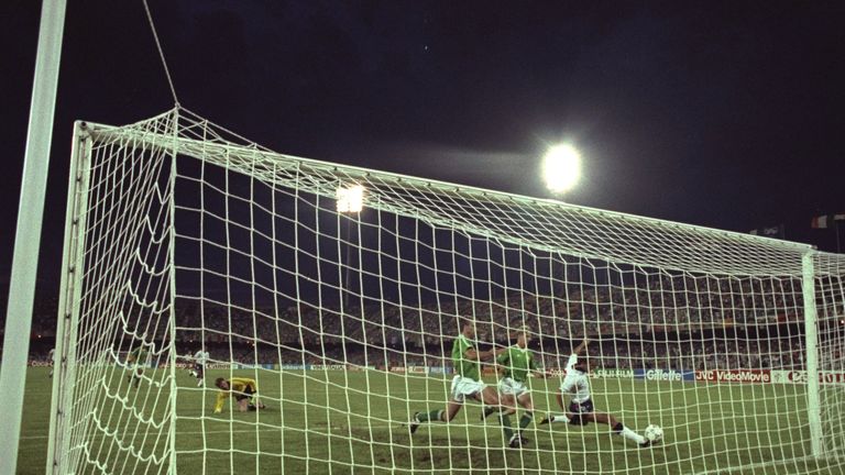 Gary Lineker of England scores during the World Cup match against the Republic of Ireland in Cagliari, Italy. 