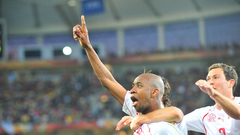 Switzerland's midfielder Gelson Fernandes (L) celebrates after scoring during their Group H first round 2010 World Cup football match on June 16, 2010 at M