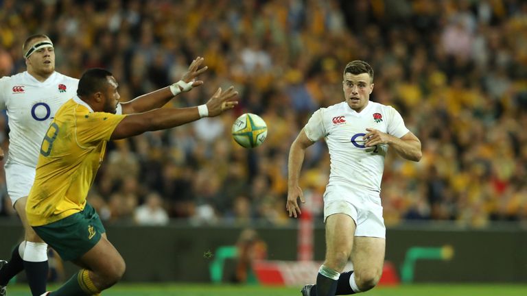 George Ford of England kicks the ball through to set up a try for Jack Nowell against Australia