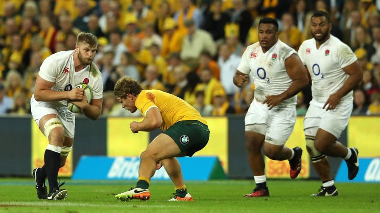 George Kruis of England is tackled by Michael Hooper during the International Test match between the Australian Wallabies a