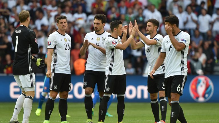 Germany's players cheer before the Euro 2016 round of 16 football match