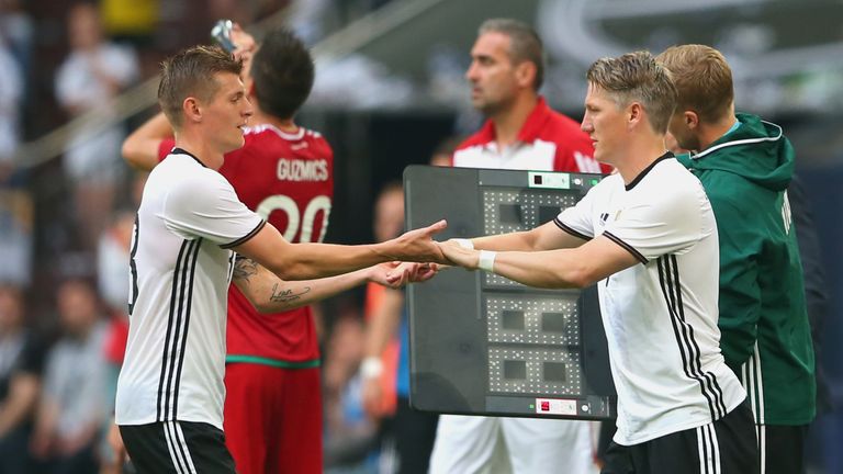 of Germany battles for the ball with of Hungary during the international friendly match between Germany and Hungary at Veltins-Arena