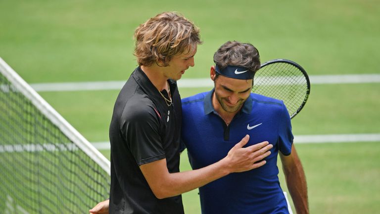 Roger Federer and Alexander Zverev during the Gerry Weber Open 