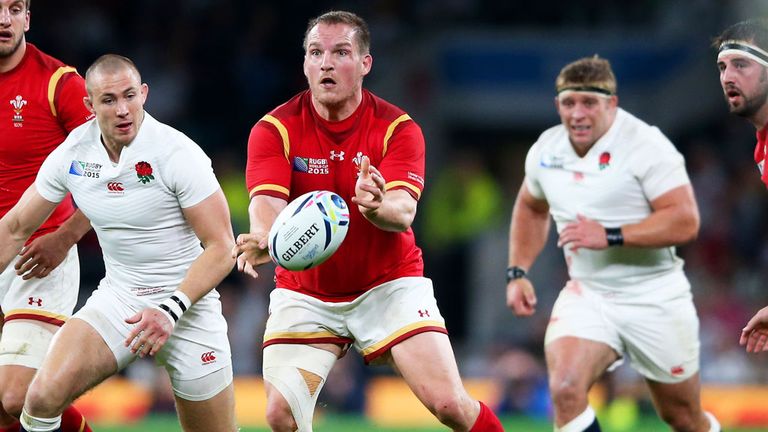 Gethin Jenkins (C) playing for Wales against England in the 2015 Rugby World Cup