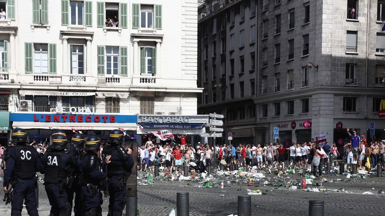 Police gather as they clash with England fans in Marseille