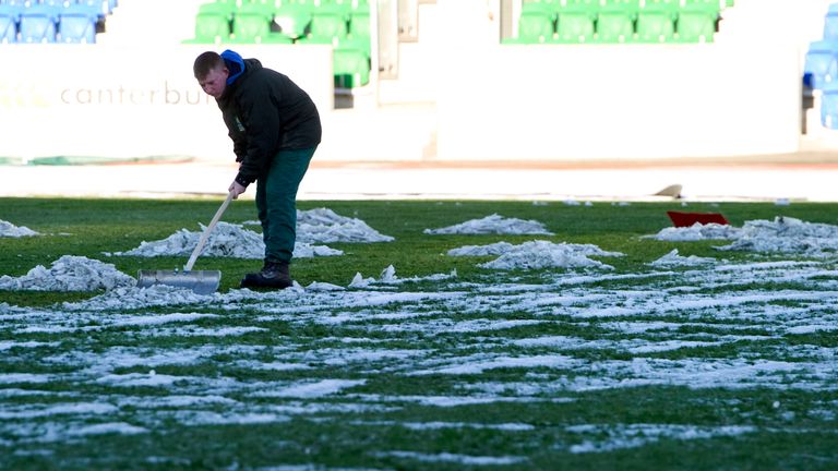 .The Scotstoun pitch is cleared of the snow ahead of Glasgow Warriors match with Castres.
