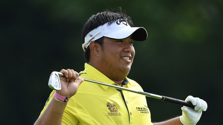 Kiradech Aphibarnrat of Thailand reacts during the second round of the BMW International Open at Gut Larchenhof on June 24