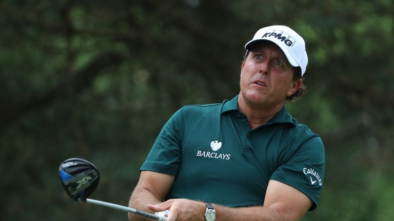 Phil Mickelson watches his tee shot on the second hole during the first round of The Memorial Tournament at Muirfield Village Golf Club