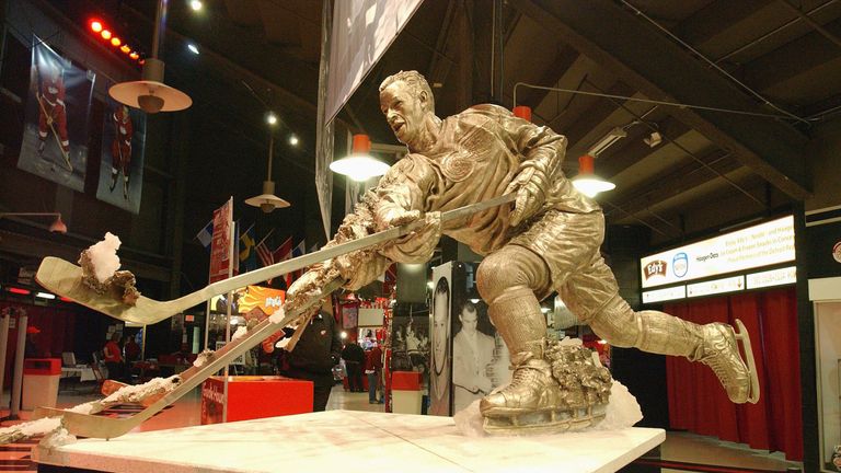 DETROIT - APRIL 12:  The Gordie Howe Statue is displayed inside Joe Louis Arena before the Calgary Flames game against the Detroit Red Wings in game one of