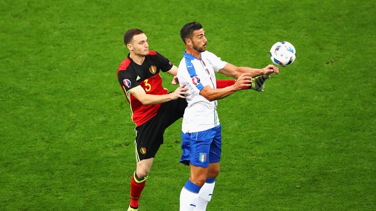 LYON, FRANCE - JUNE 13:  Graziano Pelle of Italy and Thomas Vermaelen of Belgium compete for the ball during the UEFA EURO 2016 Group E match between Belgi