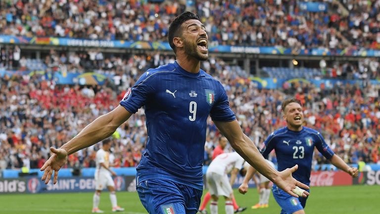 Graziano Pelle of Italy celebrates scoring his team's second goal during the UEFA EURO 2016 round of 16 match between Italy and Spain