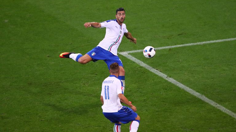 Graziano Pelle scores Italy's second goal against Belgium