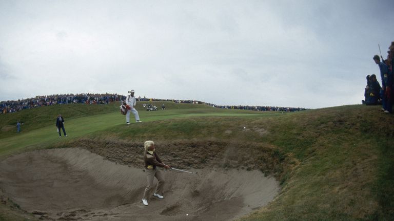 TURNBERRY - JULY 19:  Greg Norman of Australia plays a shot from the bunker on the 6th hole during the third round of the 1986 British Open Golf Championsh