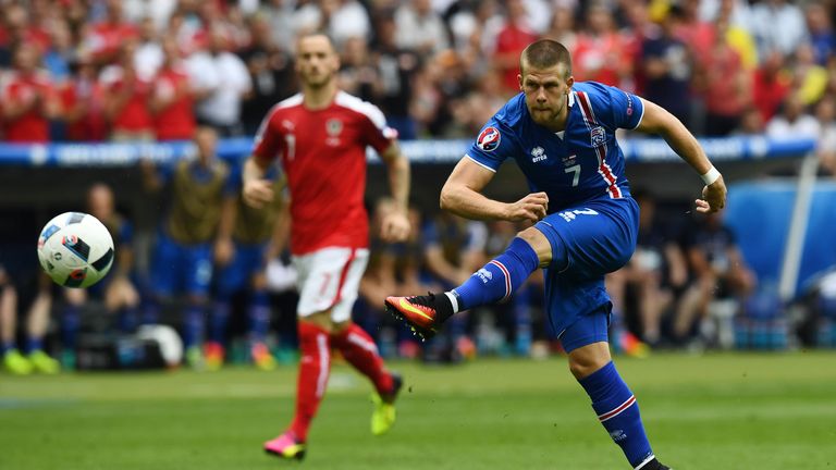 Iceland's forward Johann Berg Gudmundsson smashed the ball off the crossbar in the opening two minutes