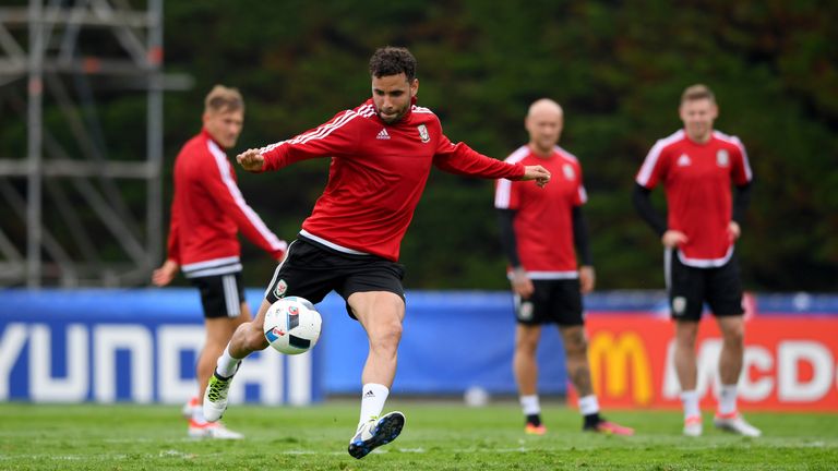 Hal Robson-Kanu was in action during an open Euro 2016 Wales training session on Wednesday