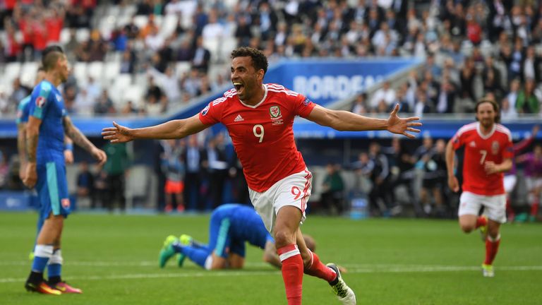 Hal Robson-Kanu of Wales celebrates scoring his team's second goal