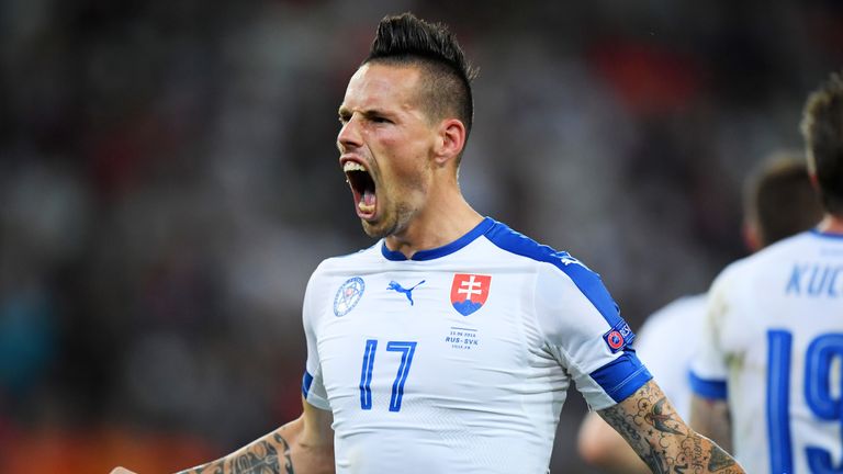 LILLE, FRANCE - JUNE 15:  Marek Hamsik of Slovakia celebrates scoring his sides second goal during the UEFA EURO 2016 Group B match between Russia and Slov