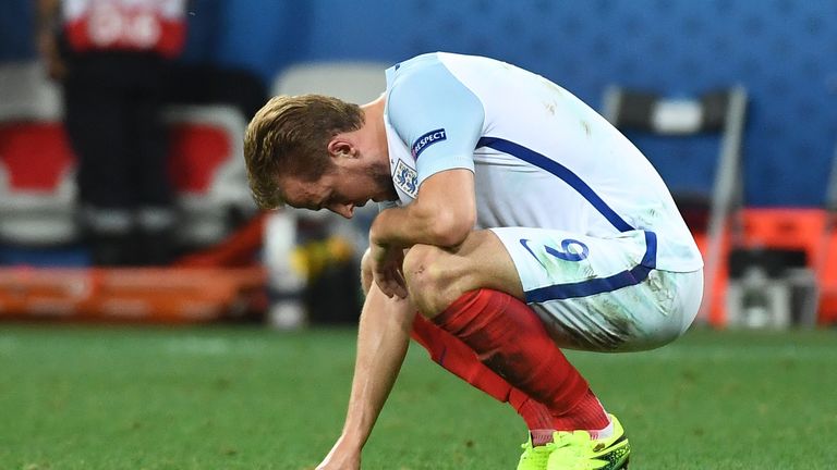 England's forward Harry Kane reacts after the Euro 2016  exit
