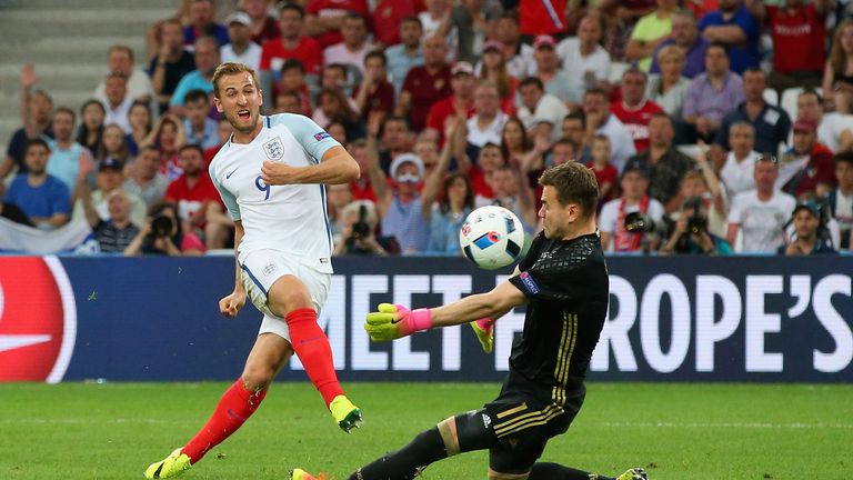 MARSEILLE, FRANCE - JUNE 11: Harry Kane of England shoots at goal during the UEFA EURO 2016 Group B match between England and Russia at Stade Velodrome on 