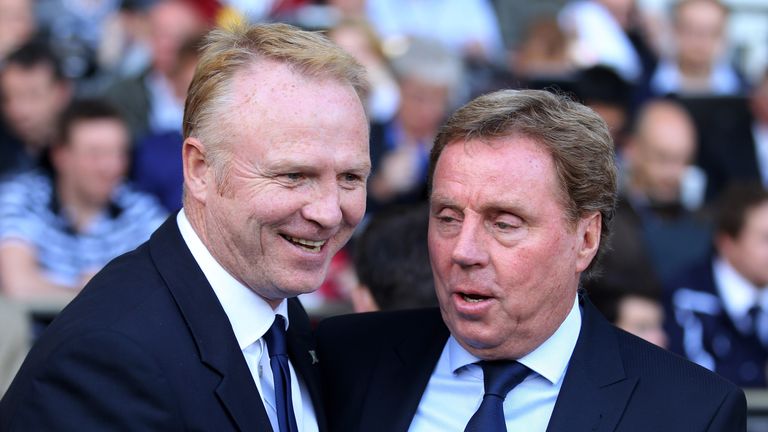 LONDON, ENGLAND - MAY 22:  Alex McLeish (L), Manager of Birmingham City is greeted by Harry Redknapp, manager of Tottenham Hotspur ahead of the Barclays Pr