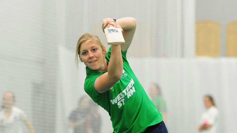 TAUNTON, UNITED KINGDOM - APRIL 06: Heather Knight of Western Storm demonstrates a coaching drill during the Western Storm England Player Announcement at t