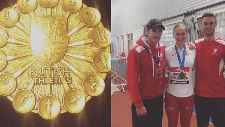 Holly Bradshaw shows off her British Championship medal and team after winning on Saturday