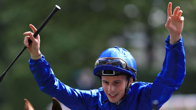Jockey William Buick celebrates after winning the 15.05 Tercentenary Stakes during day three of Royal Ascot 2016, at Ascot Racecourse. PRESS ASSOCIATION Ph