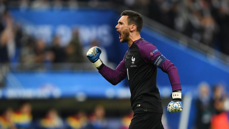 Hugo Lloris of France celebrates his team's first goal 