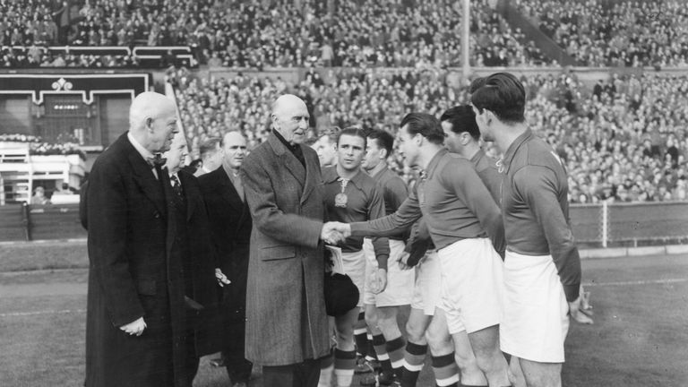 25th November 1953:  The Earl of Athlone shaking hands with the Hungarian football team, before their match against England at Wembley stadium.  (Photo by 