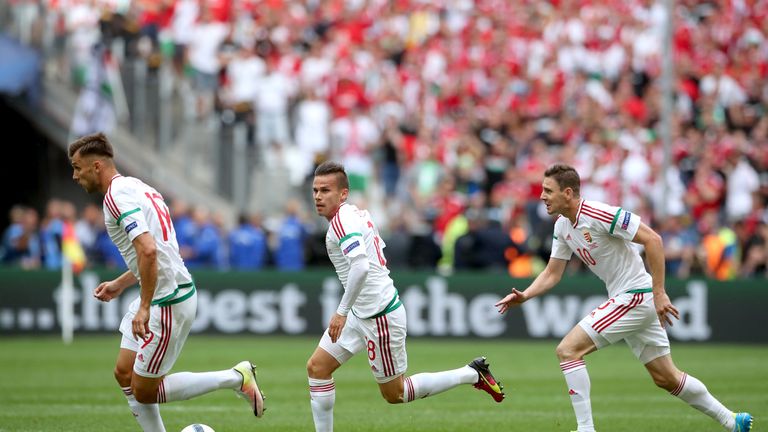 Hungary's Tamas Priskin, Zoltan Stieber and Zoltan Gera (left to right) in action against Iceland
