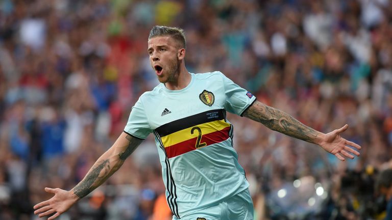 Belgium's defender Toby Alderweireld celebrates after scoring against Hungary